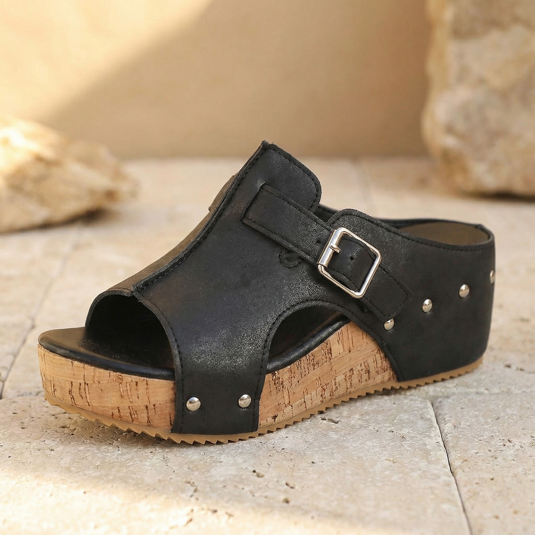 Solana – Retro Cork Wedge Sandals with Rivet Detail