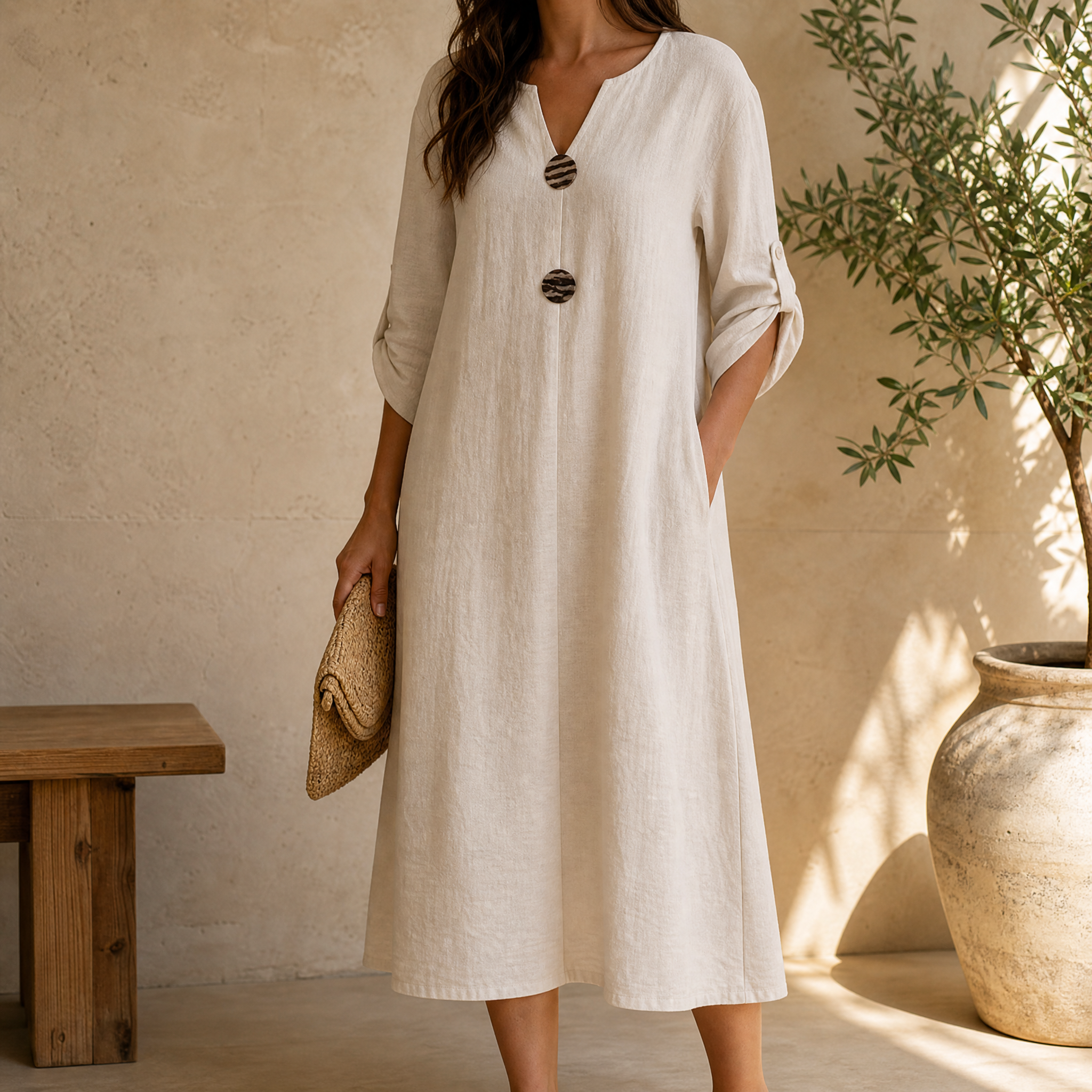 Soléma™ – Flowy V-Neck Midi Dress with Wooden Buttons