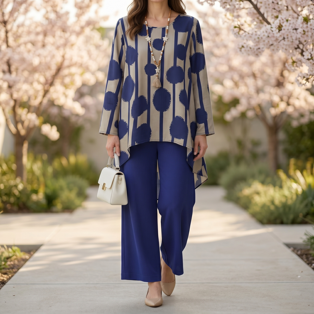 Vivelyn – Women's Bold Print High-Low Tunic & Wide-Leg Pants Set