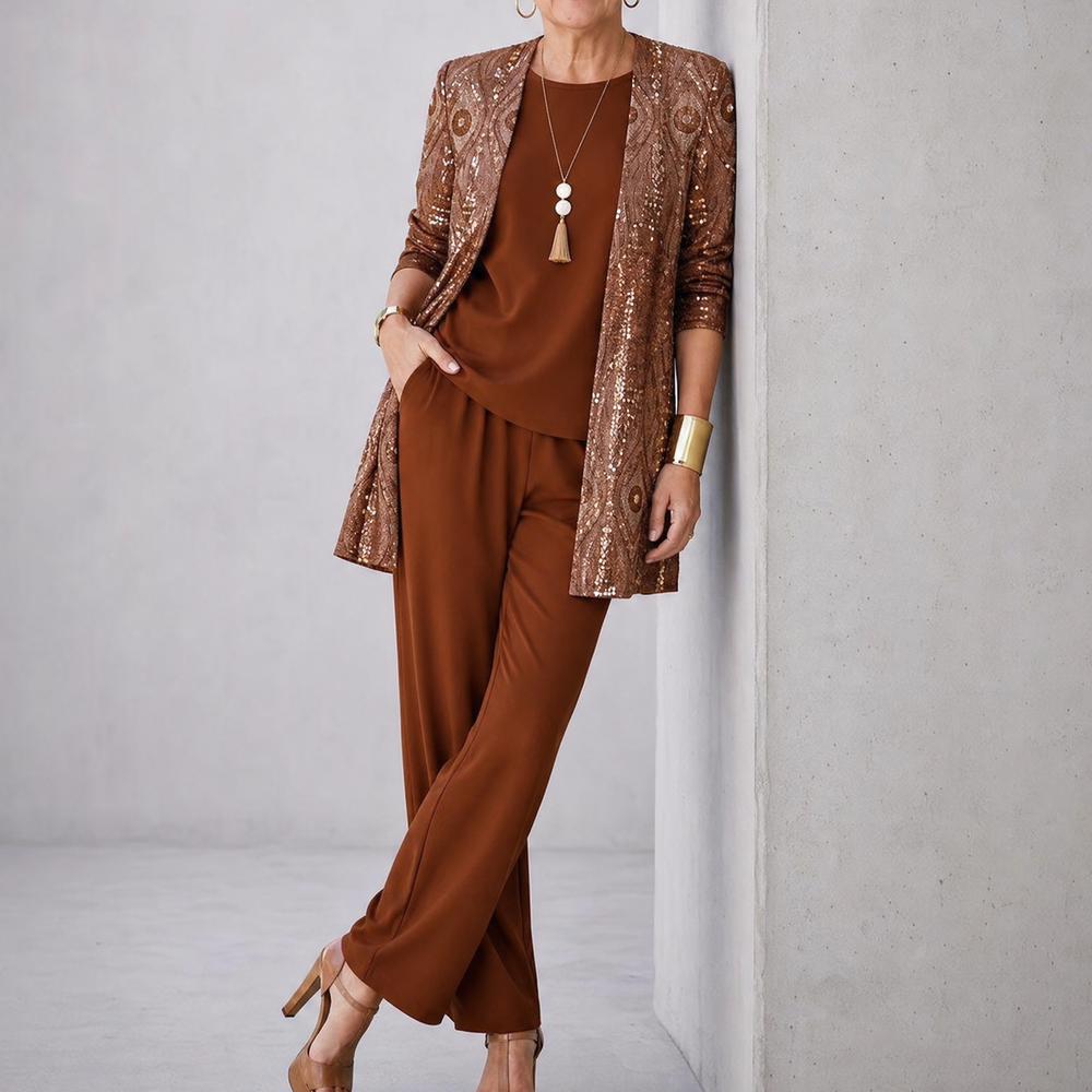 Trielle – Women's 3-Piece Printed Pantsuit Set, Duster, Shell and Wide-Leg Pants