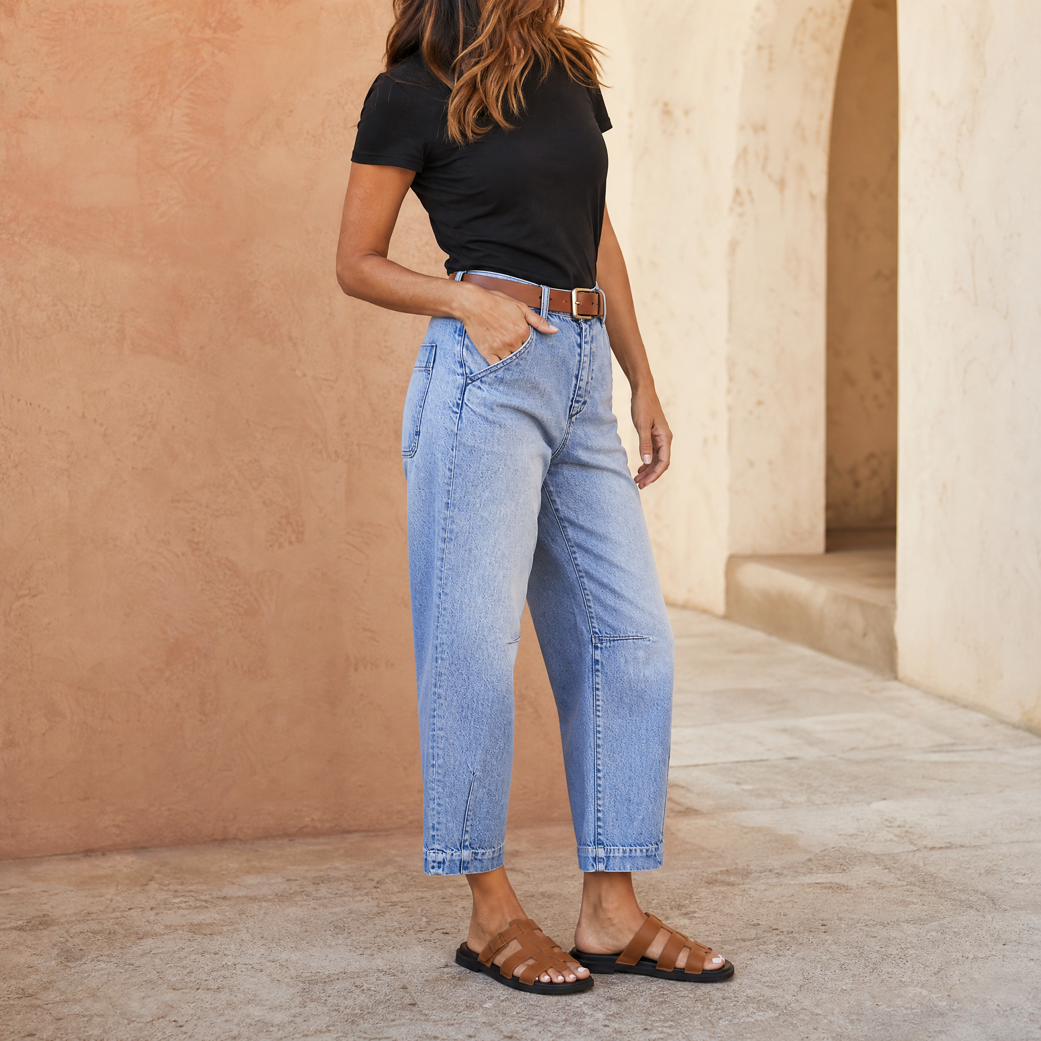 Veluna – Women's High-Waist Barrel-Leg Cropped Jeans