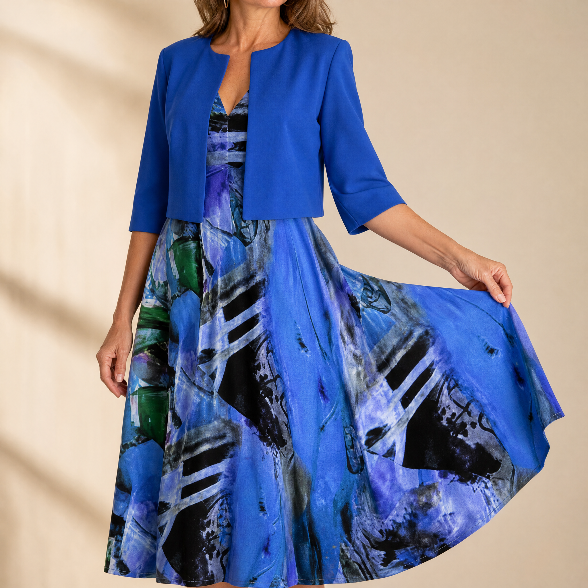 Phaeline – Women's Printed Midi Dress with Attached Cardigan
