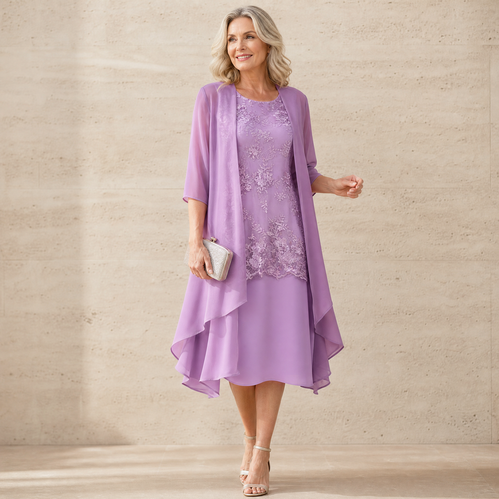 Lunavia – Women's Floral Lace Dress Set with Chiffon Shawl