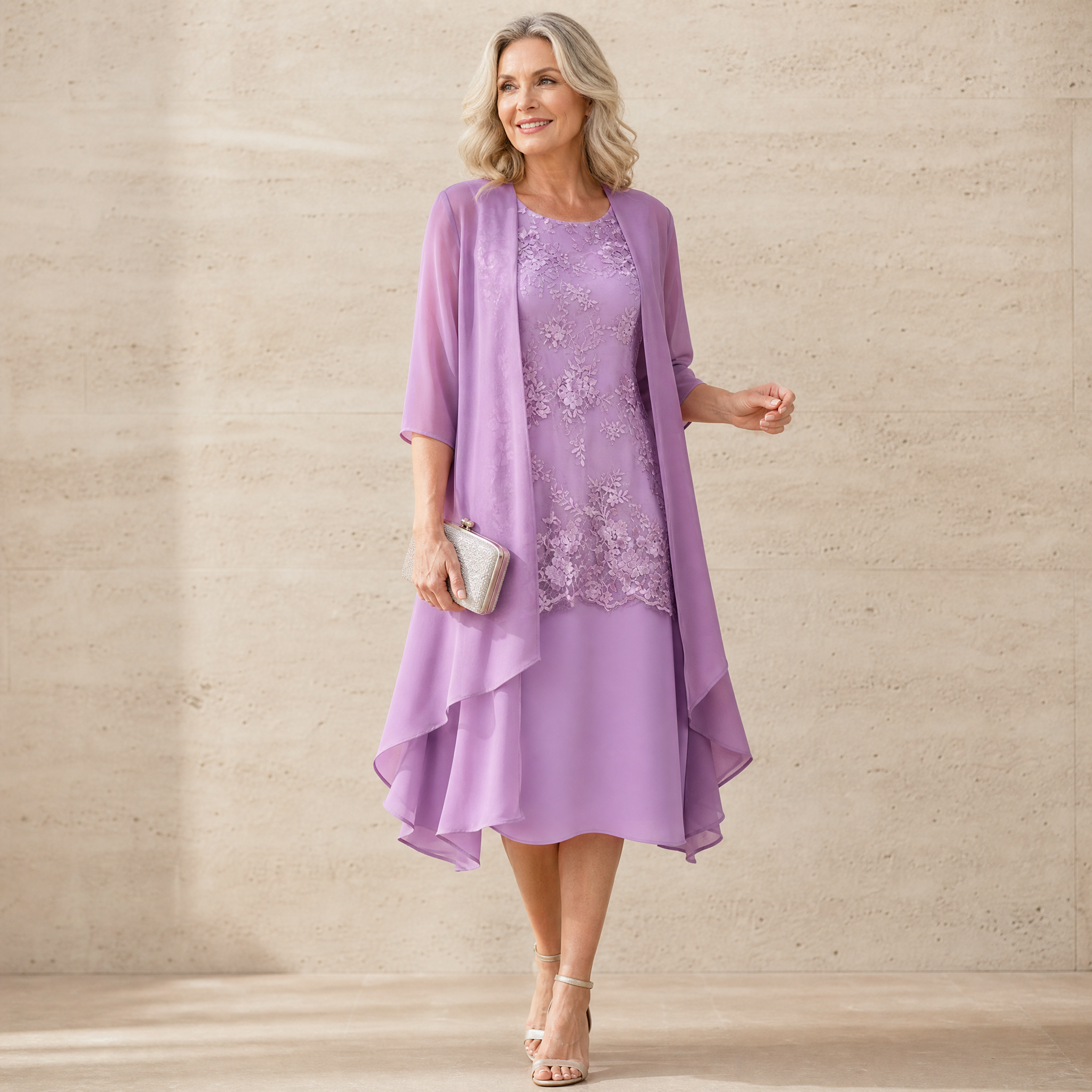 Lunavia – Women's Floral Lace Dress Set with Chiffon Shawl