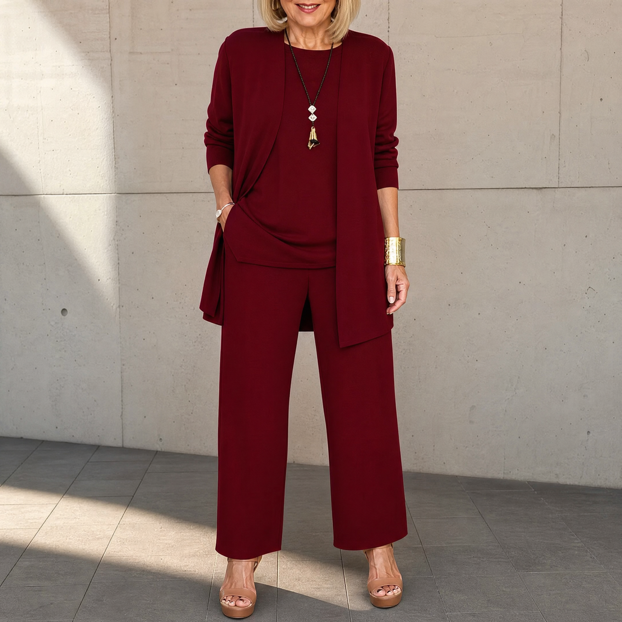 Maevelle – Women's Elegant 3-Piece Set with Drape Cardigan