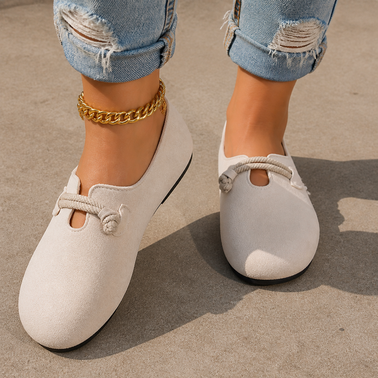 Sollea – Soft Suede Slip-On Flats with Rope Bow