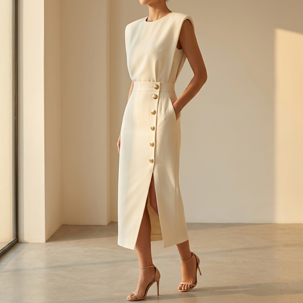 Velora – Women's Gold-Button Slit Midi Dress