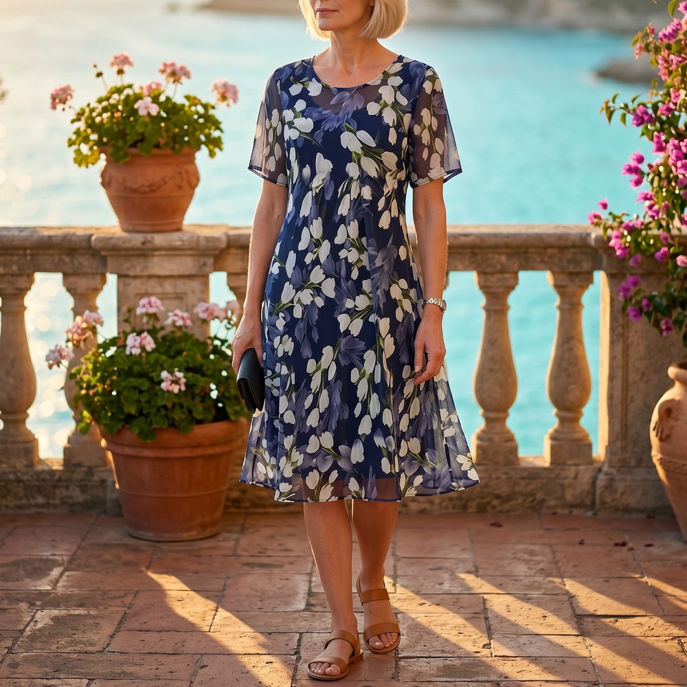 Florenza – Women's Elegant Navy Floral Midi Dress