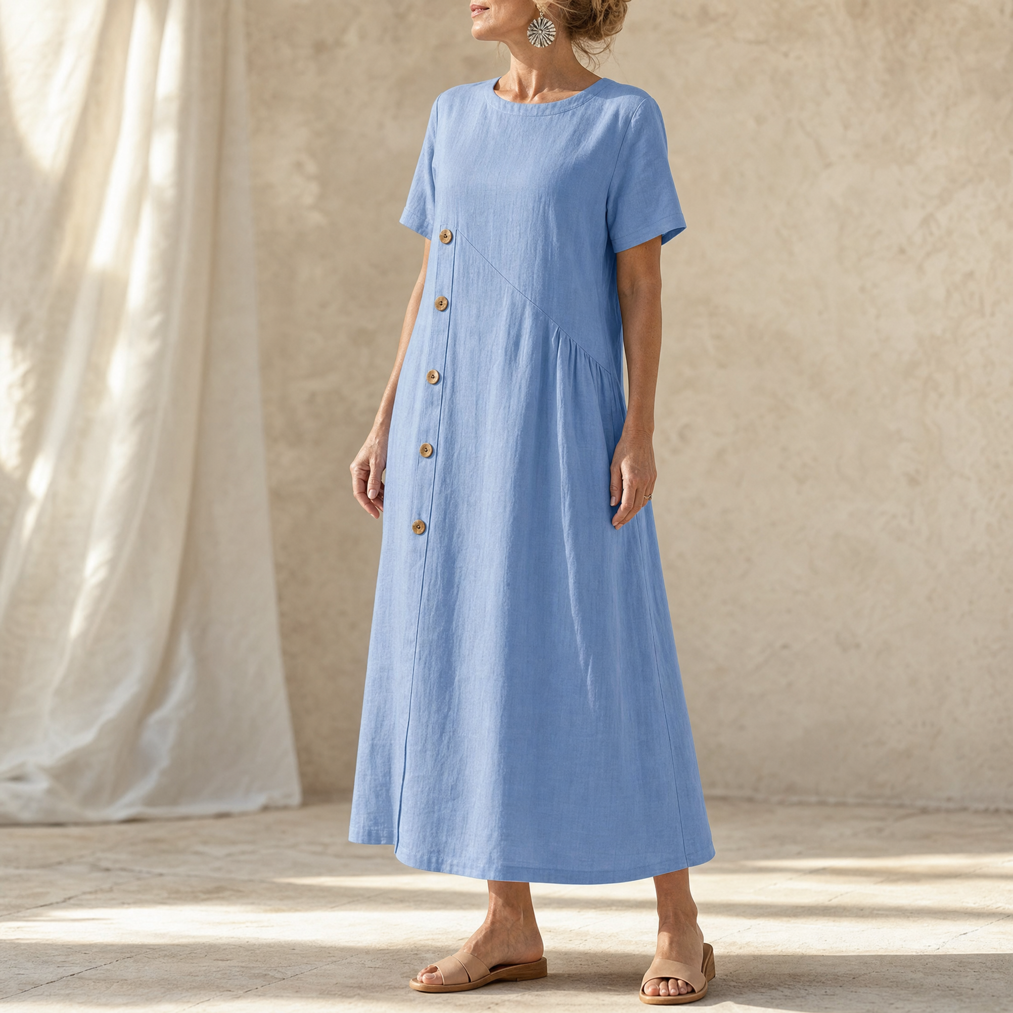 Lunavia – Women's Cotton-Linen Asymmetric Button Midi Dress