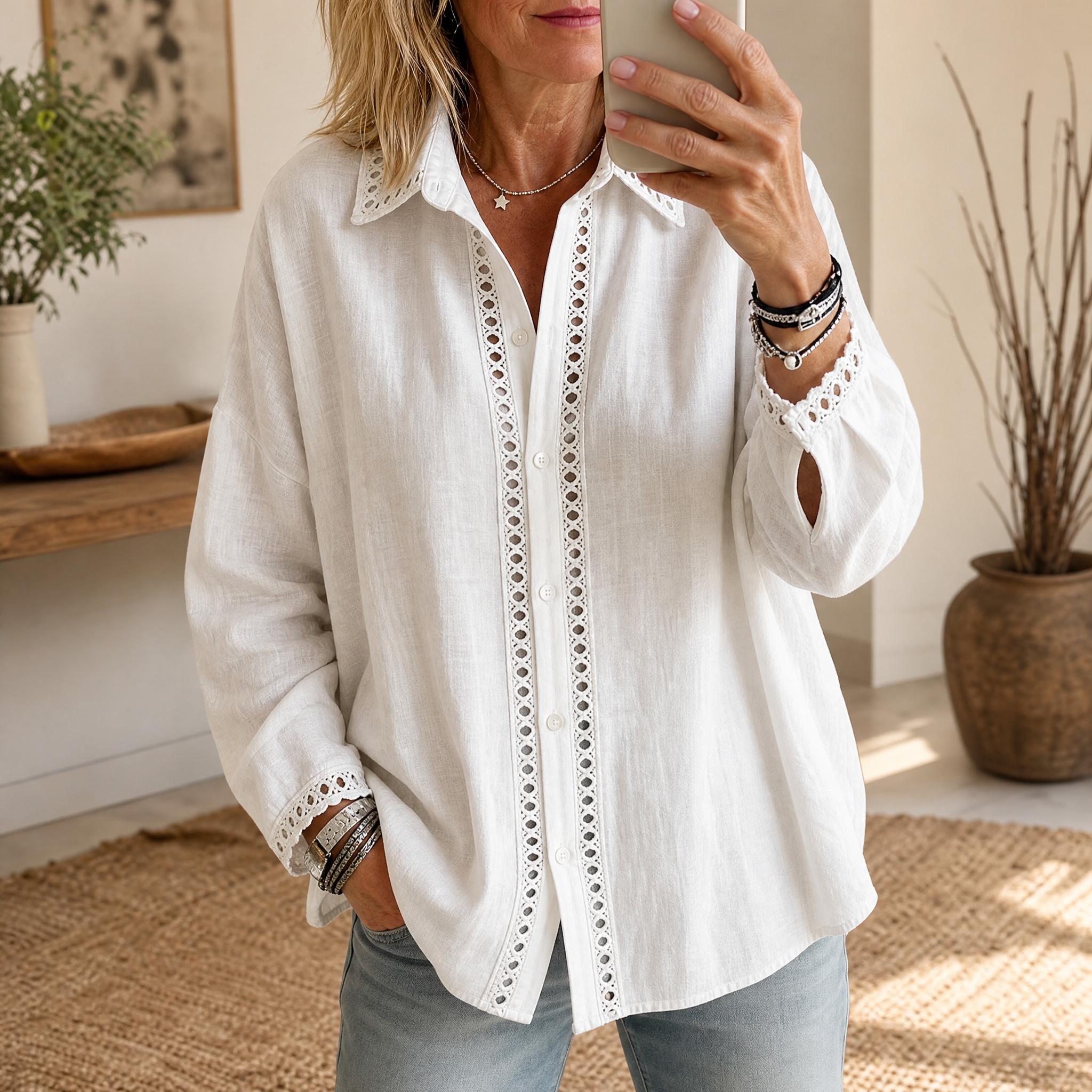 Lunavia – Women's Eyelet Trim Button-Down Blouse