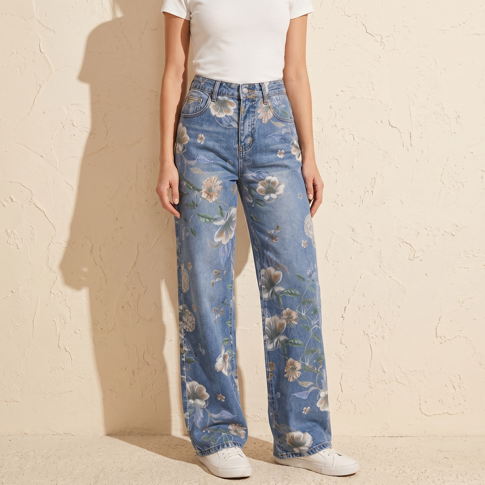 Blomara – Women's Floral Print Wide-Leg Jeans
