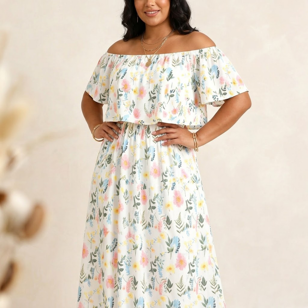 Florevia – Women's Off-Shoulder Floral Maxi Dress with Pockets