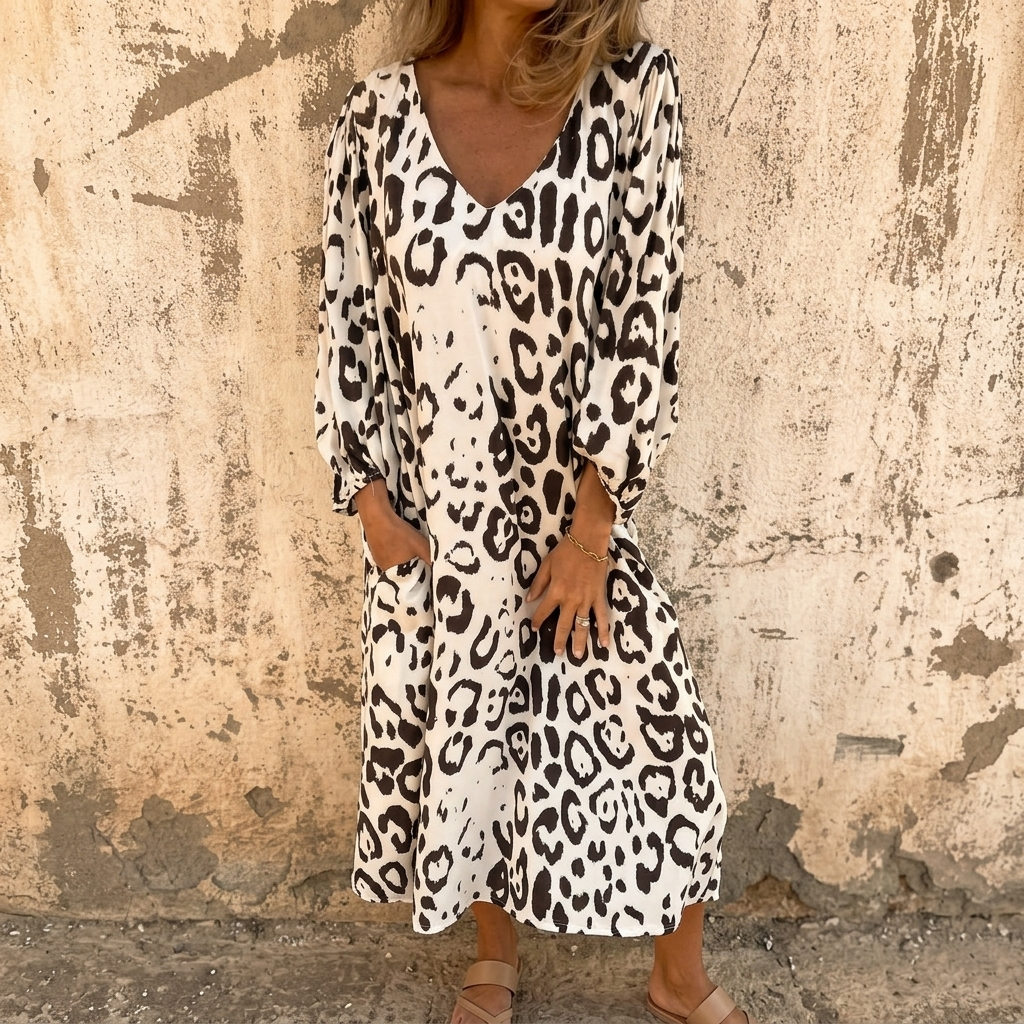 Vivara™ – Leopard Print V Neck Pocket Dress