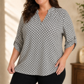 Lunavia – Women's Geometric V-Neck Blouse with Roll-Tab Sleeves
