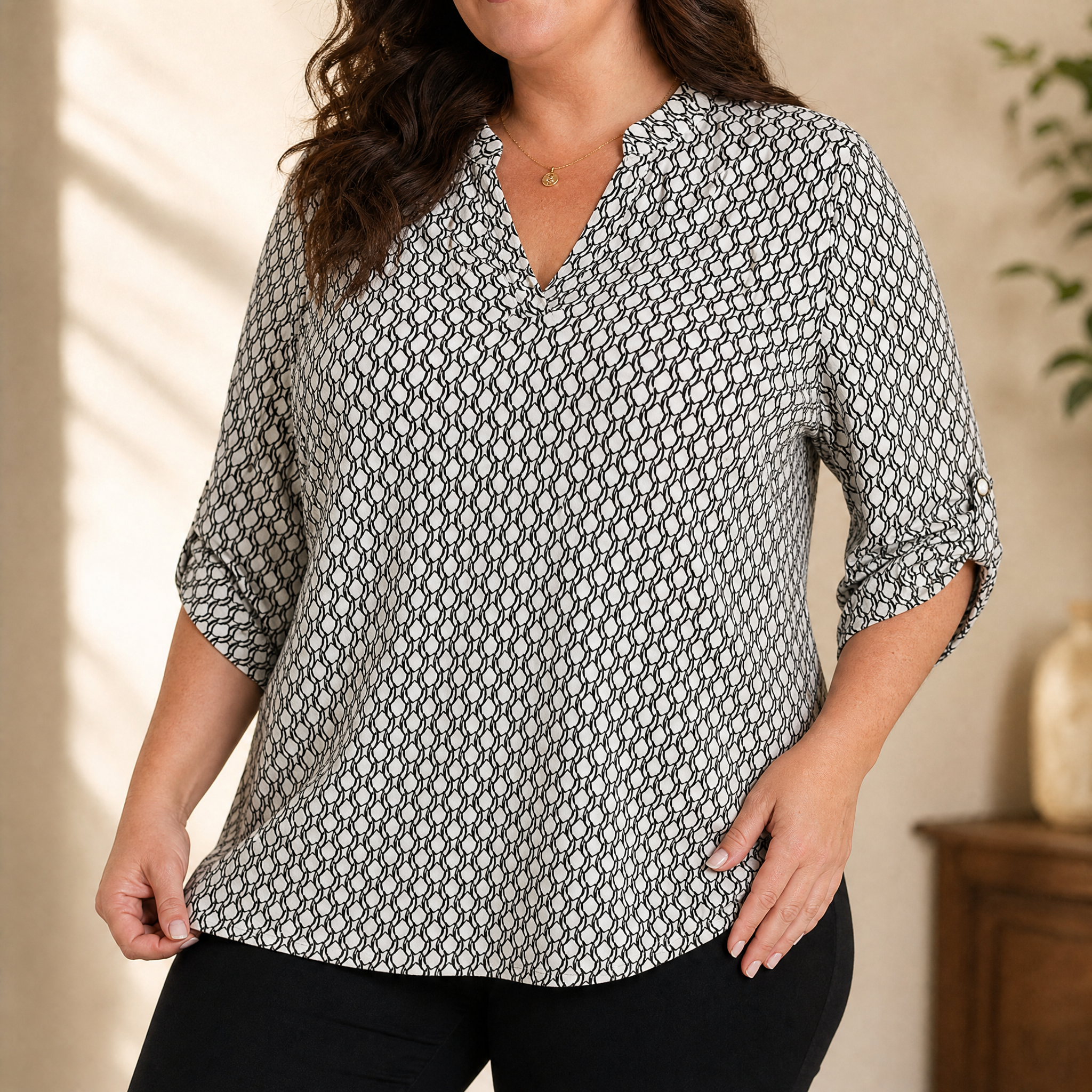 Lunavia – Women's Geometric V-Neck Blouse with Roll-Tab Sleeves