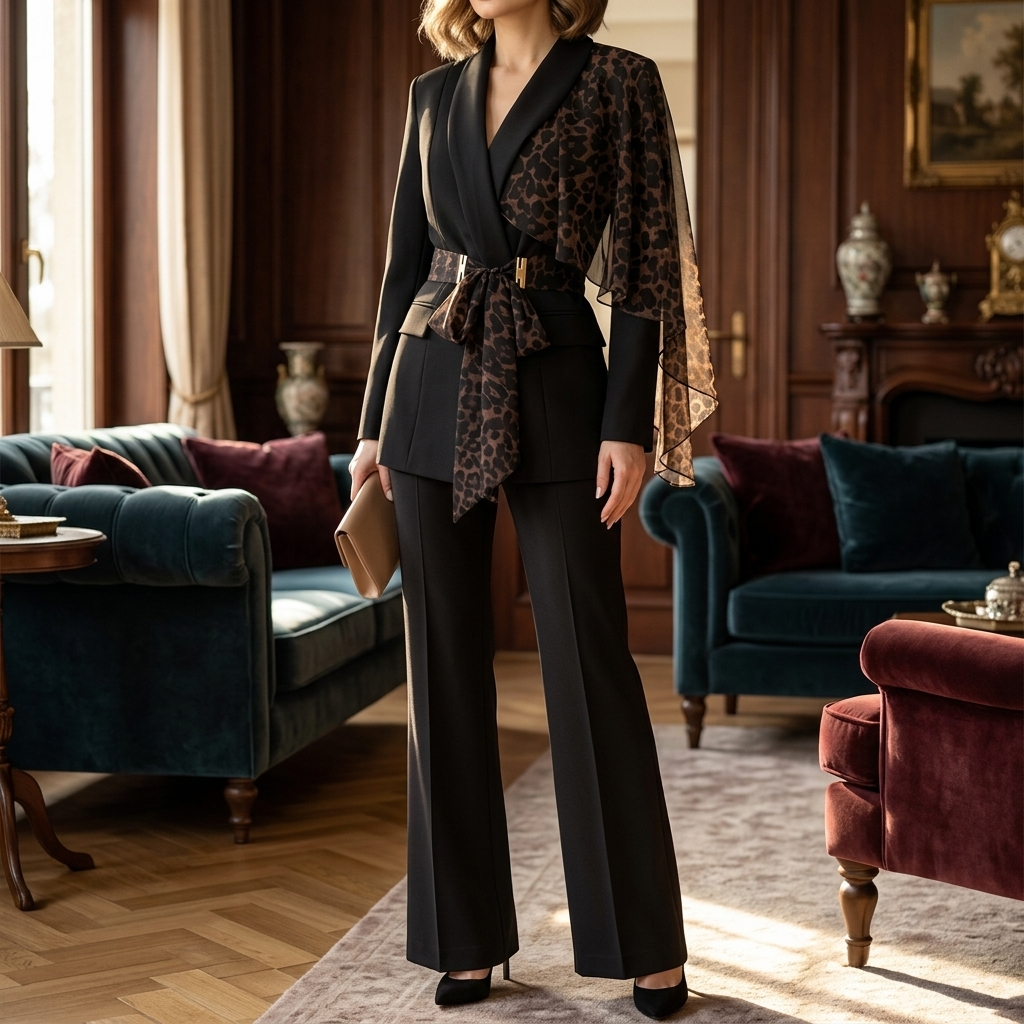 Selvana – Leopard accent blazer and pants set