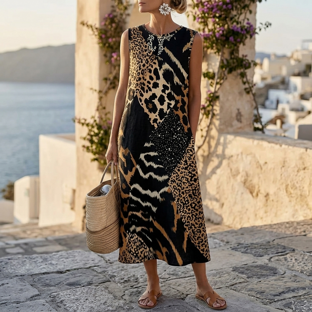 Vivara – Sleeveless Leopard Patchwork Midi Dress