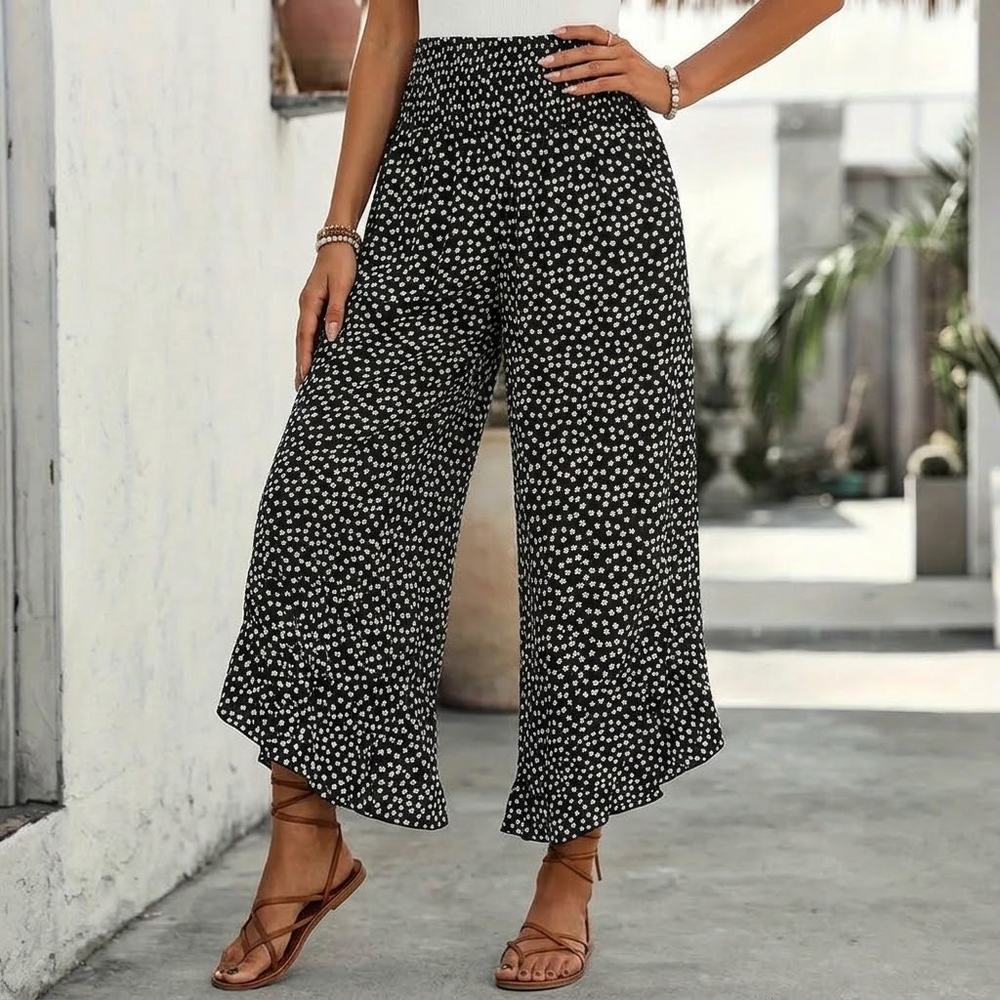 Velura – Smocked Wide-Leg Ruffle Pants