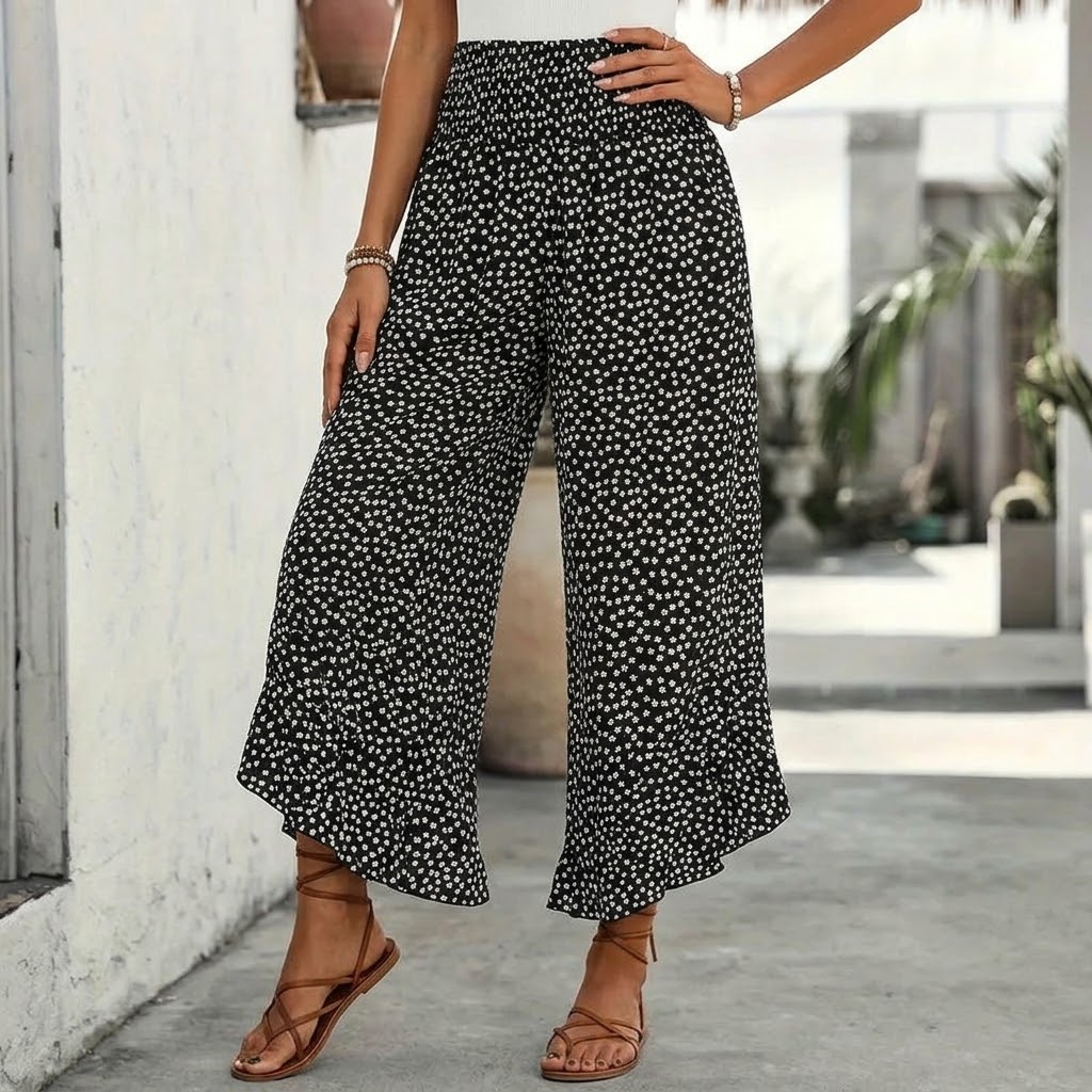 Velura – Smocked Wide-Leg Ruffle Pants