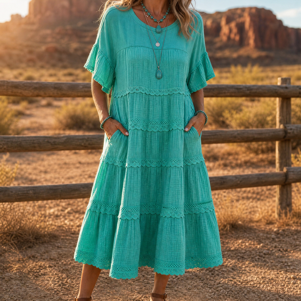 Sundara – Women's Tiered Lace Midi Dress with Hidden Pockets