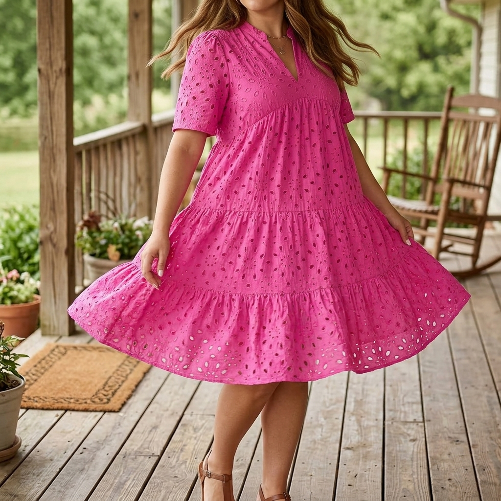 Wearbella – Flowy V-Neck Eyelet Dress for Curvy Fit