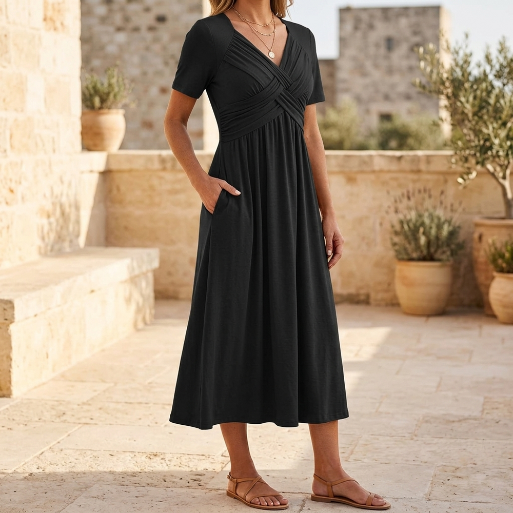 Veluna – Crossover V-Neck Midi Dress with Pockets