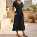 Veluna – Crossover V-Neck Midi Dress with Pockets