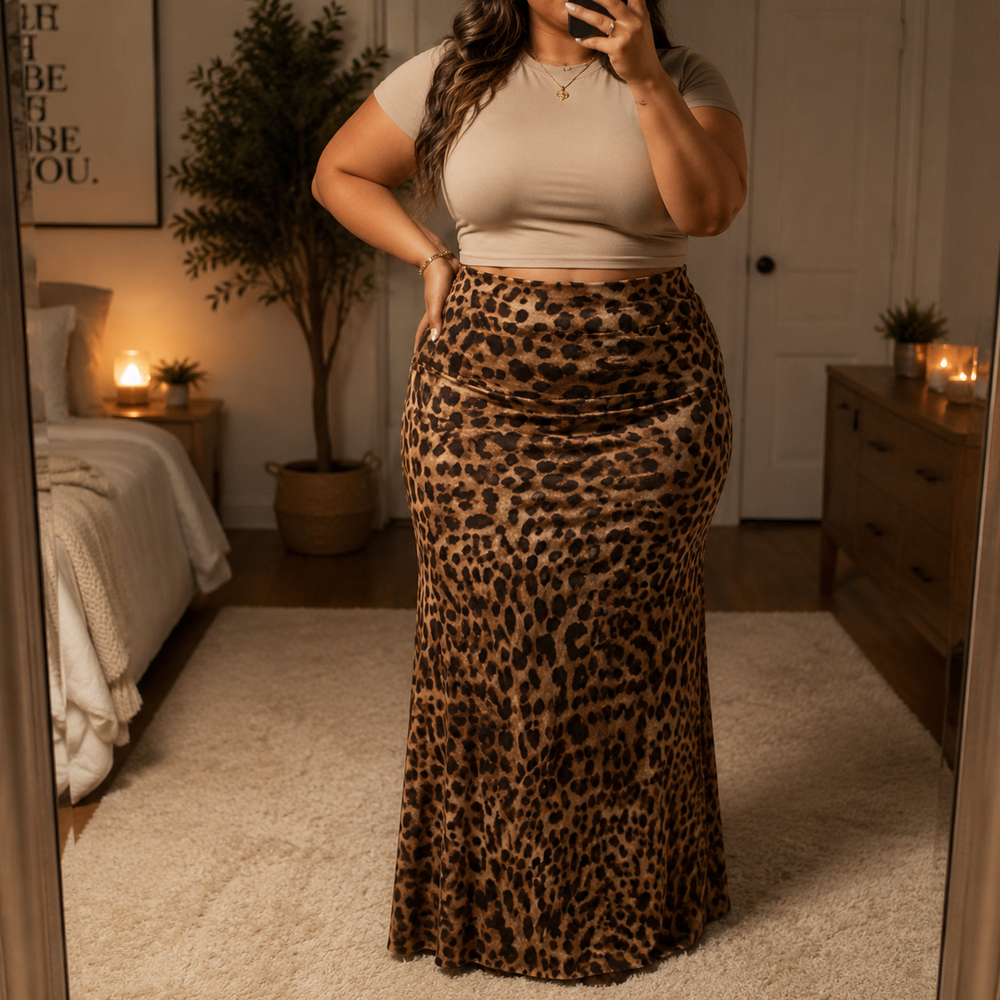 Velora – Women's Curvy-Fit Leopard Print Maxi Skirt