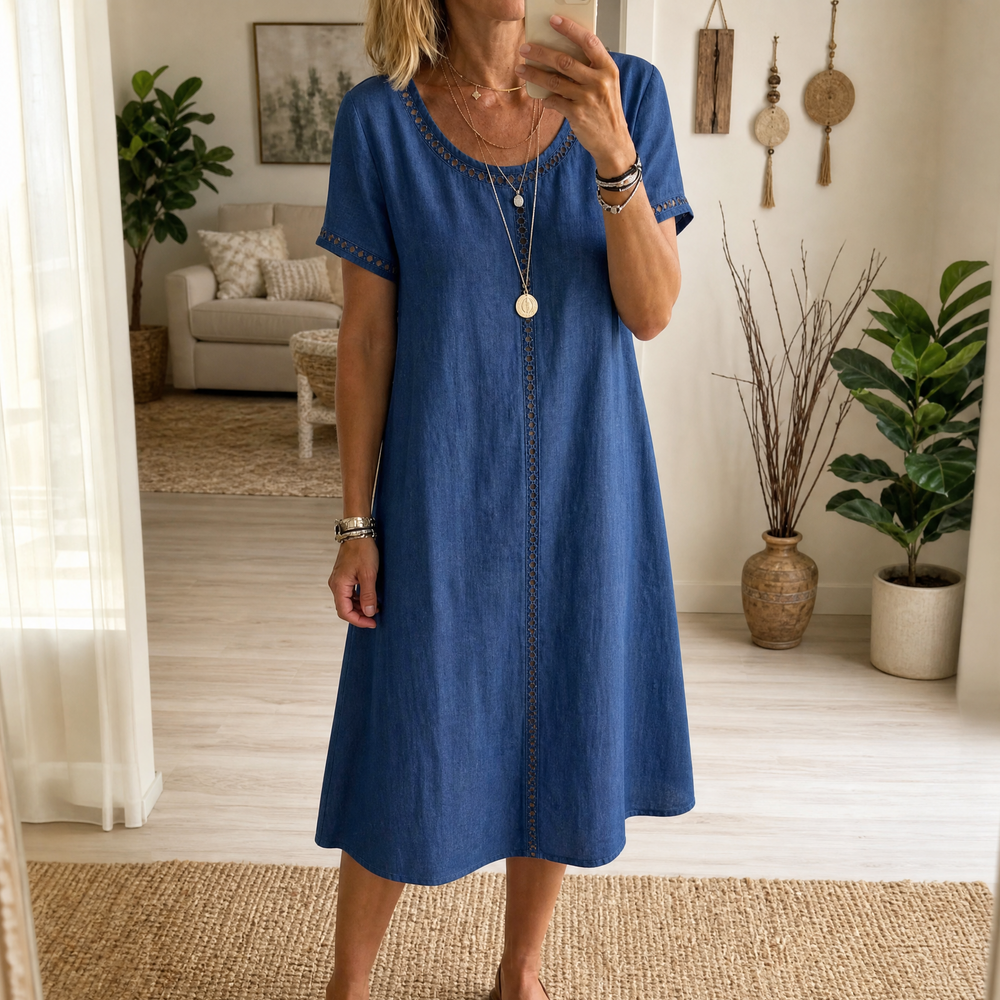 Lunavia – Women's Eyelet Trim Linen Midi Dress