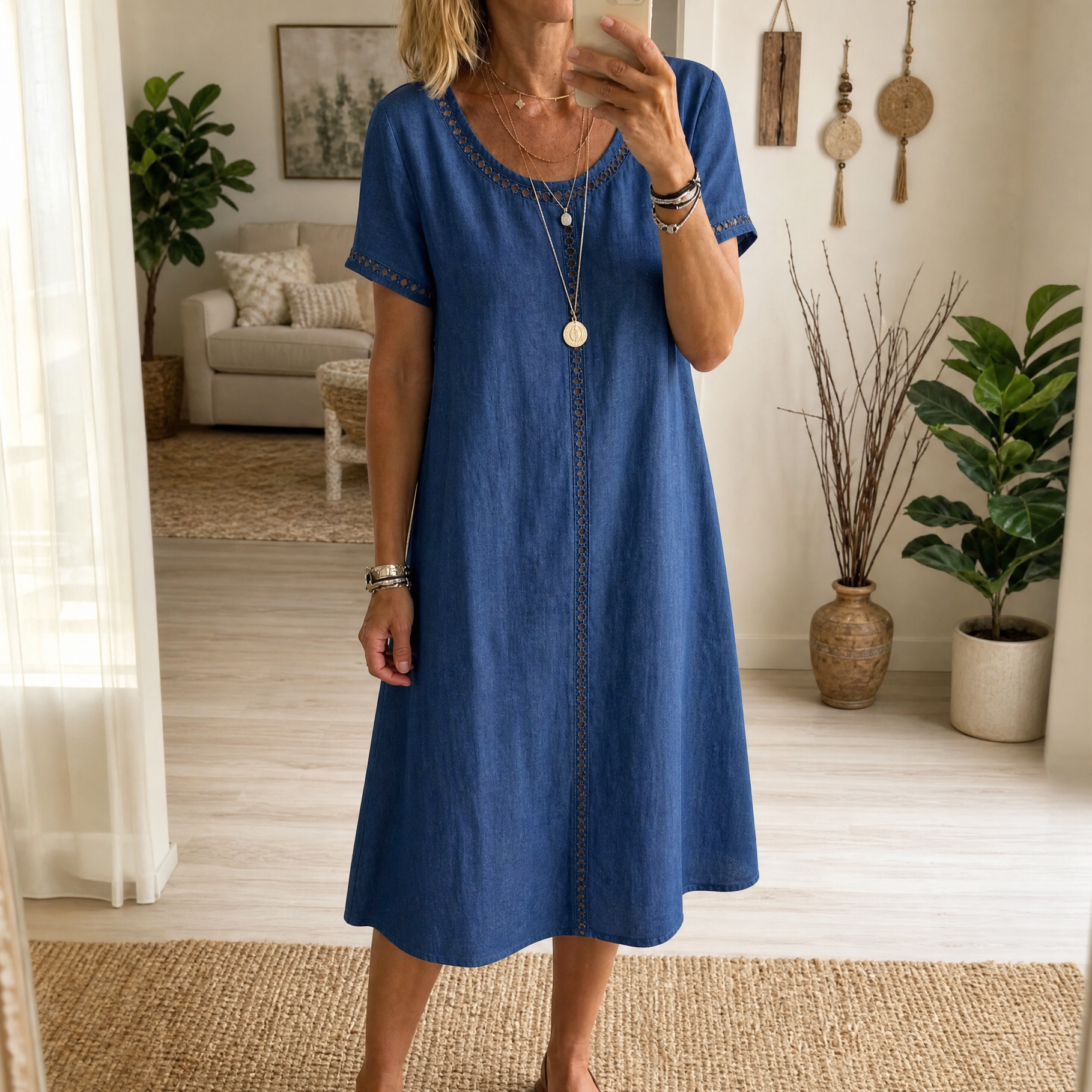 Lunavia – Women's Eyelet Trim Linen Midi Dress