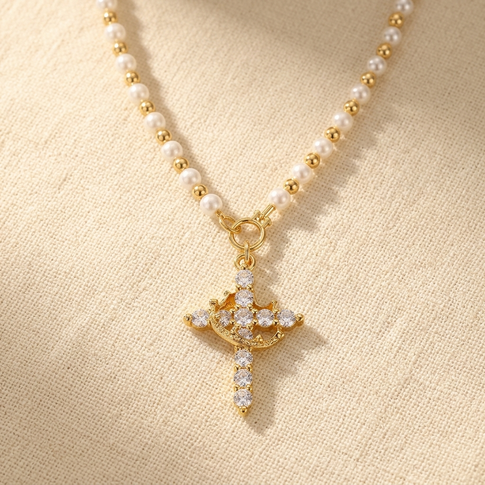 Crownara – Crown Cross Pearl Bead Necklace