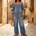 Soluna – Women's Off-Shoulder Wide-Leg Denim Jumpsuit