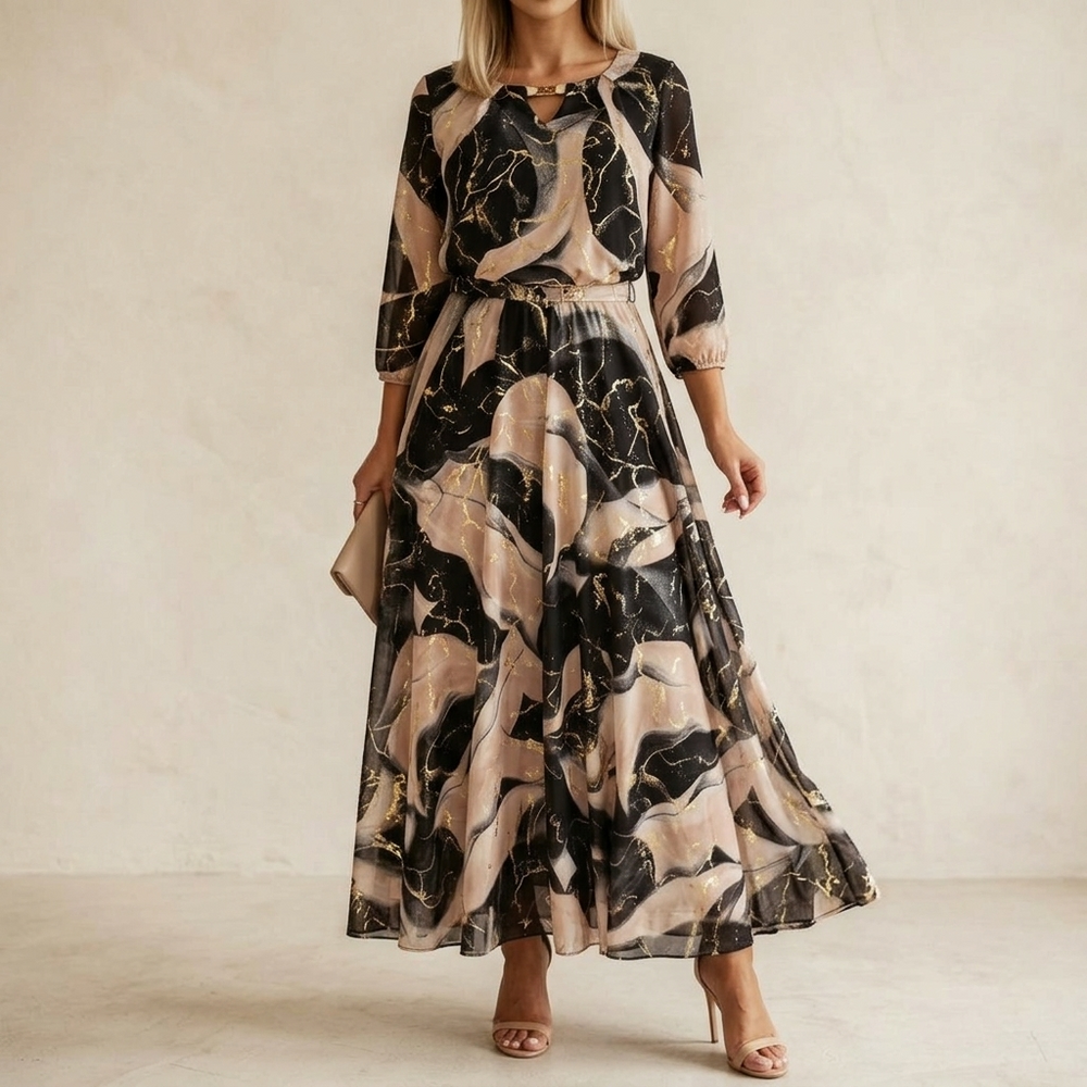 Vivara – Women's Marble Gold Chiffon Maxi Dress