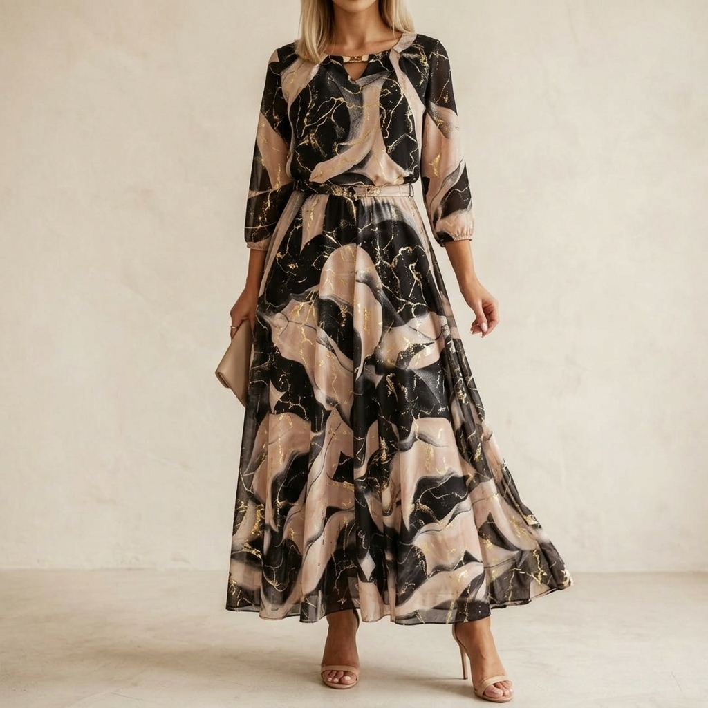 Vivara – Women's Marble Gold Chiffon Maxi Dress