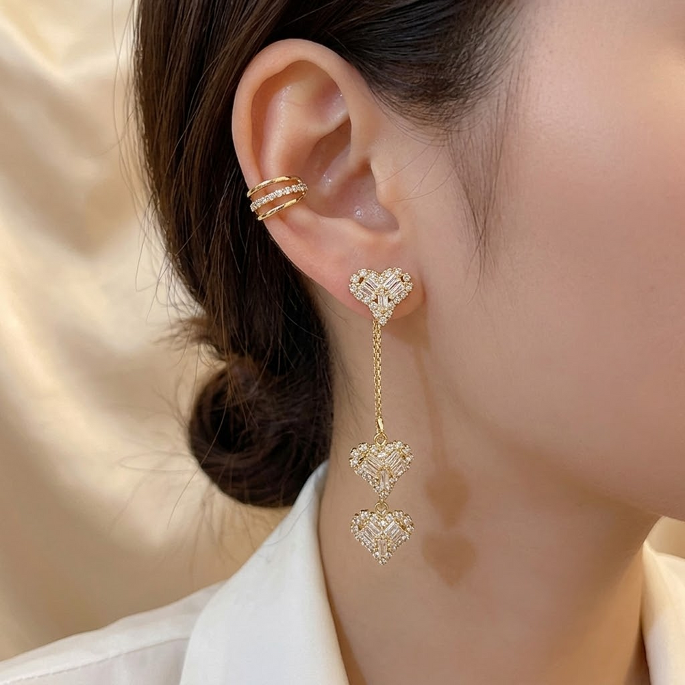 Lunavia – Triple Heart Drop Earrings with Matching Ear Cuff