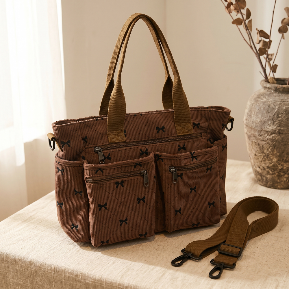 Bowette – Corduroy Bow-Print Tote with Laptop Pocket