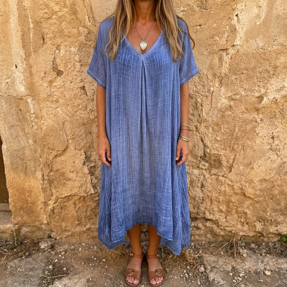 Linara – Women's Breezy Cotton Linen V-Neck Dress