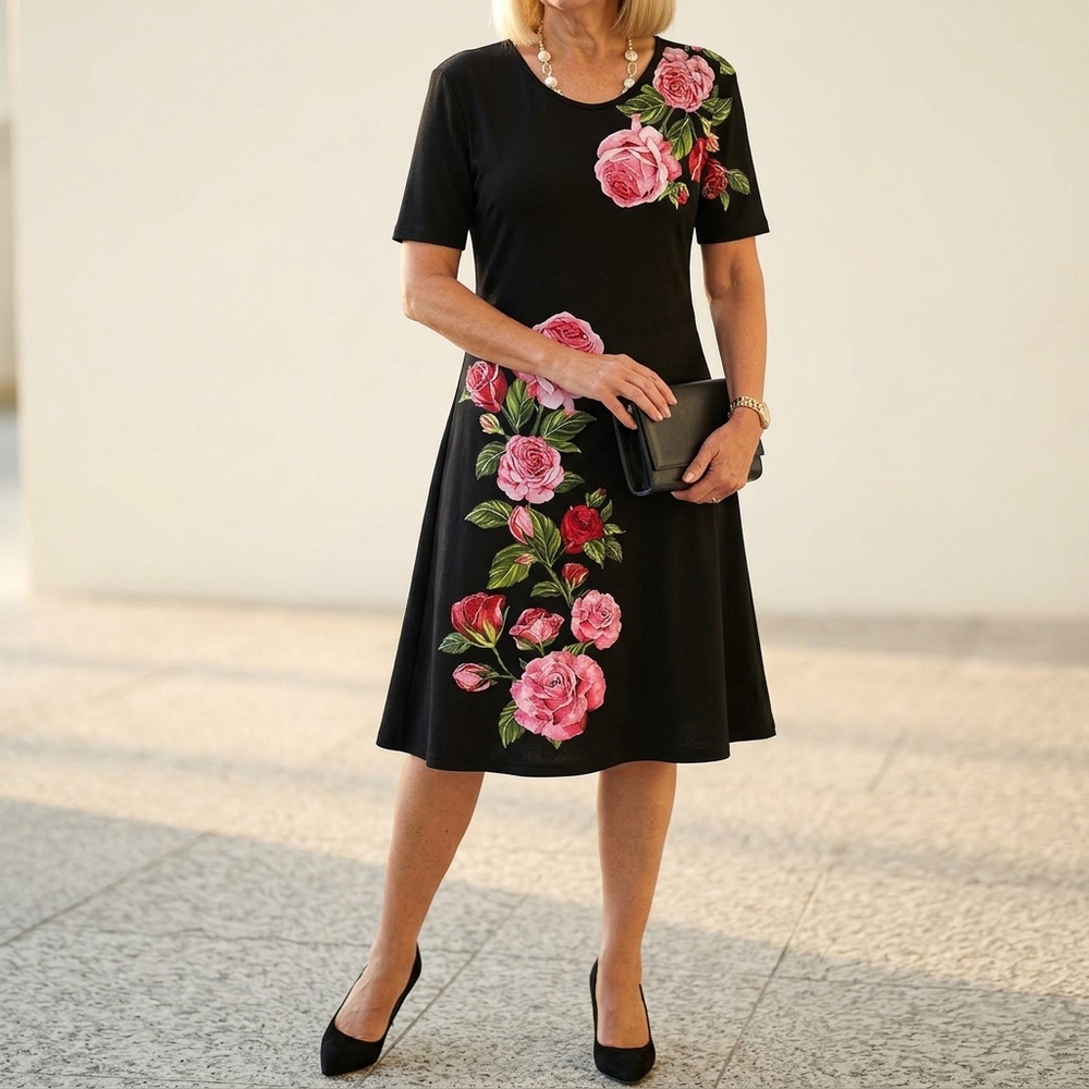 Rosalia – Women's rose print A-line midi dress