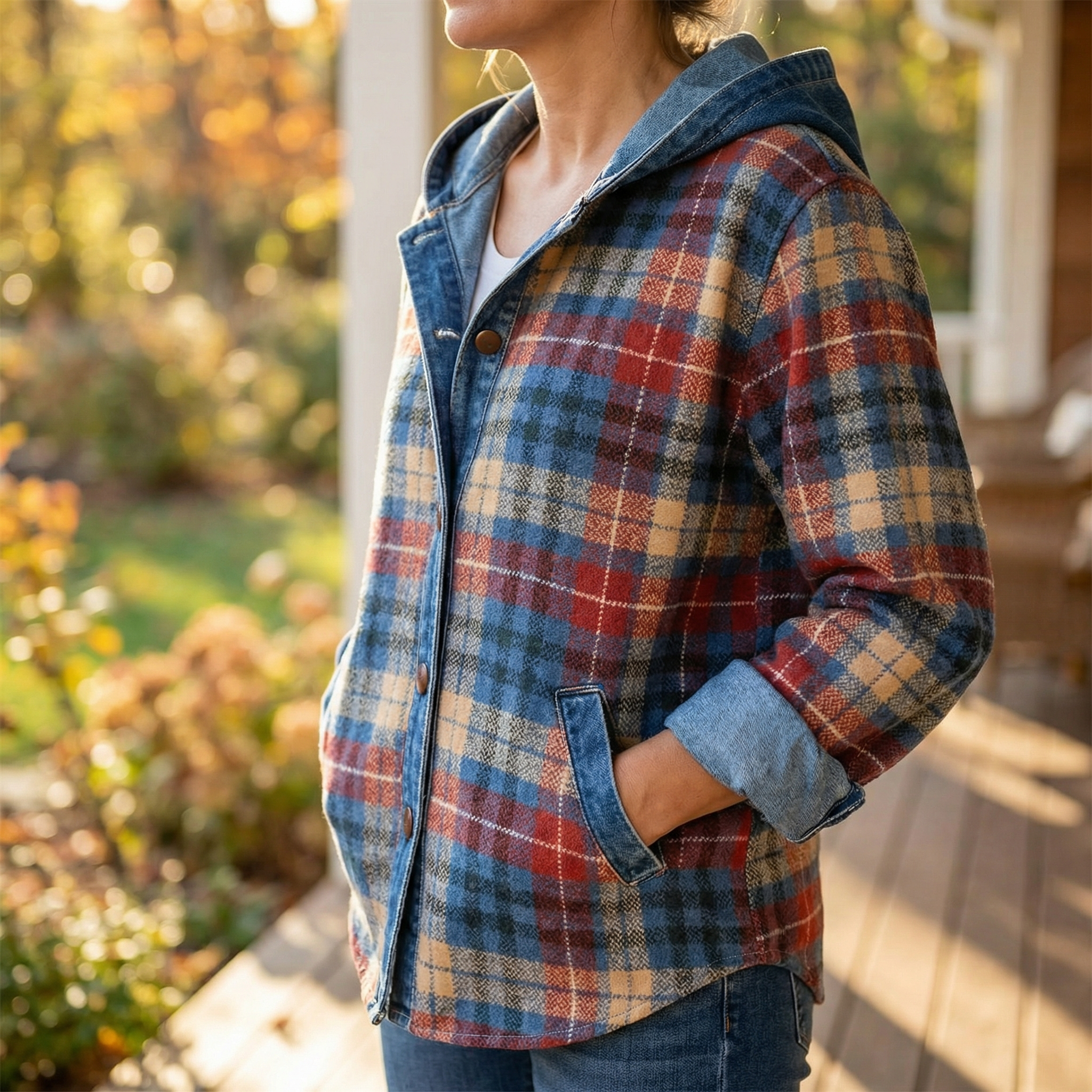 Weslyn – Women’s Contrast Denim Plaid Hooded Jacket