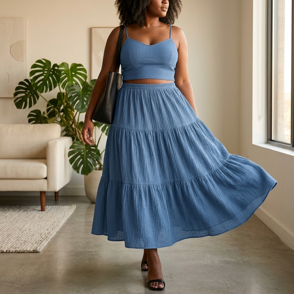 Solavie – Tiered Maxi Skirt and Cami Matching Set