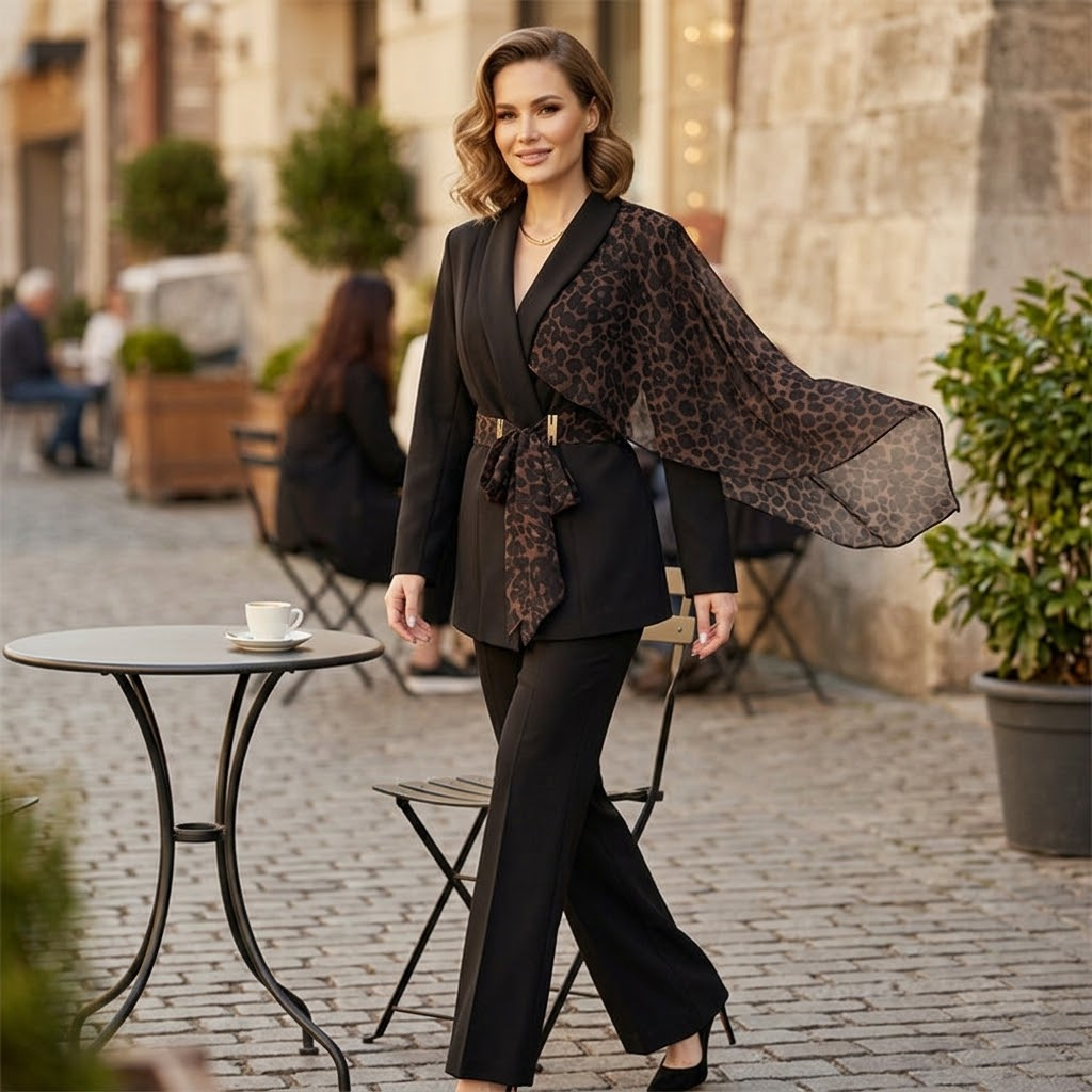 Selvana – Leopard accent blazer and pants set