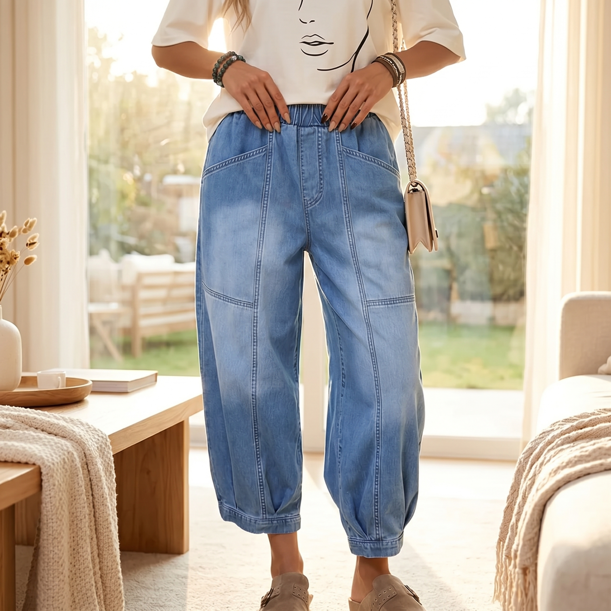 Loméa – Women's Relaxed Elastic Waist Denim Trousers