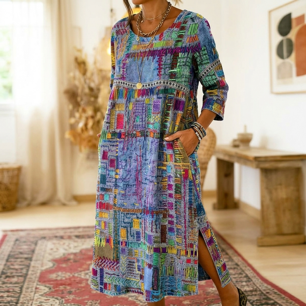 Tessara – Women's Artisan Print Midi Dress with Pockets