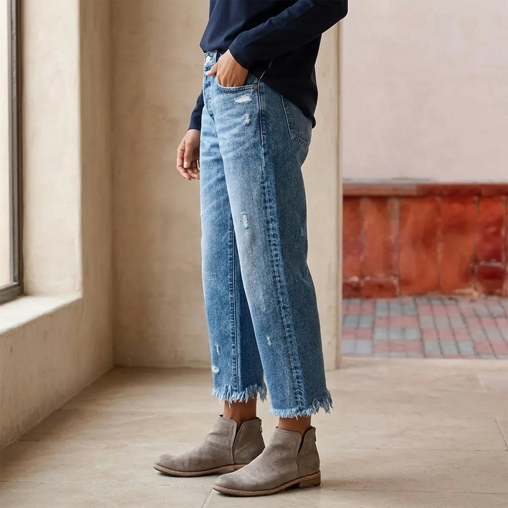 Vivara – Women's Retro Fringed Cropped Straight Leg Jeans