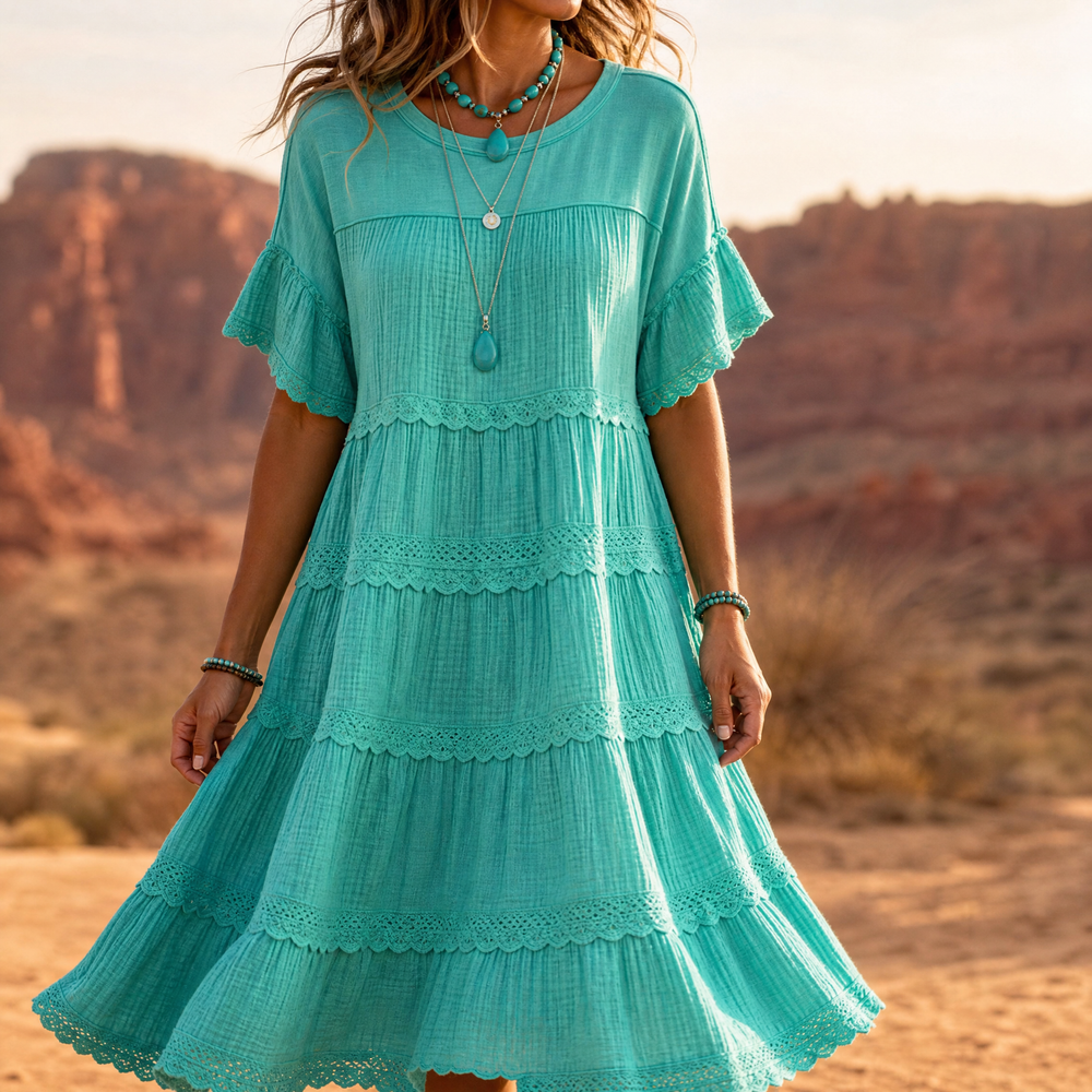 Sundara – Women's Tiered Lace Midi Dress with Hidden Pockets