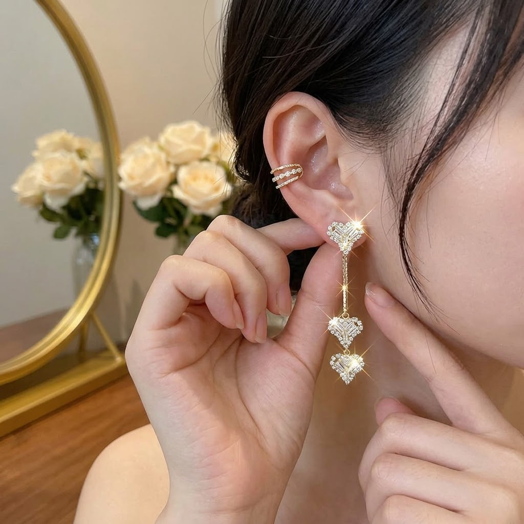 Lunavia – Triple Heart Drop Earrings with Matching Ear Cuff