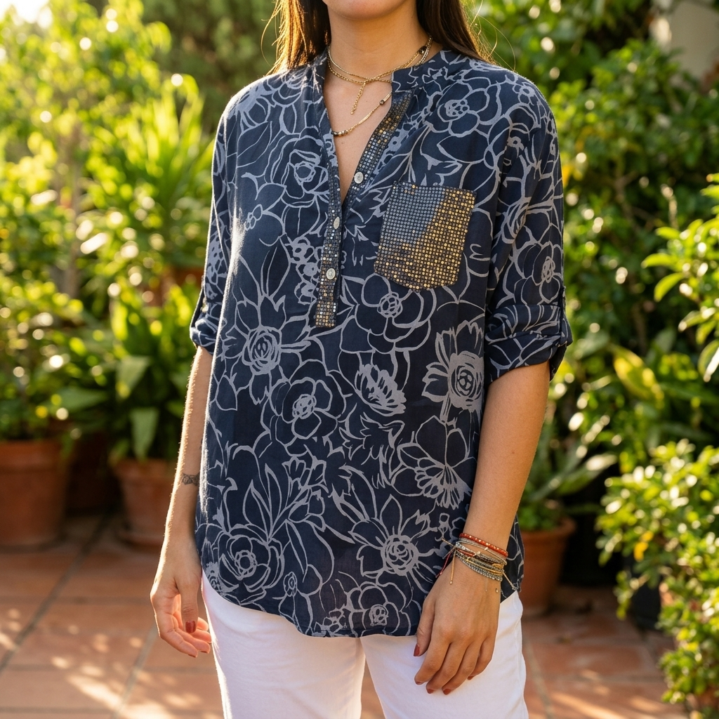 Florenne – Sequin Pocket Floral Blouse for Women