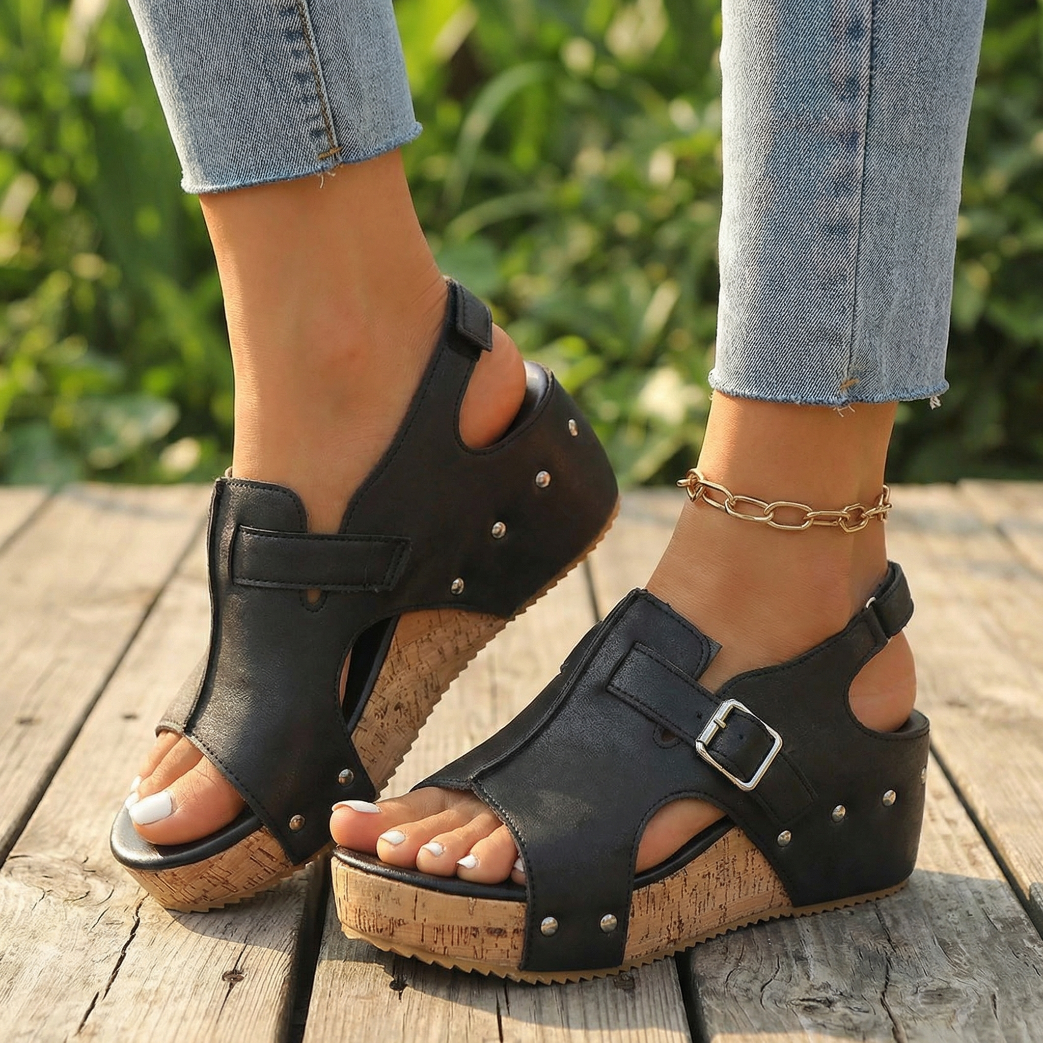 Solana – Retro Cork Wedge Sandals with Rivet Detail