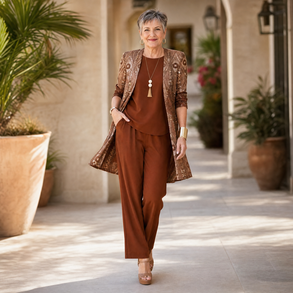 Trielle – Women's 3-Piece Printed Pantsuit Set, Duster, Shell and Wide-Leg Pants