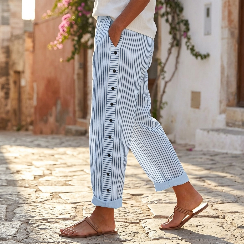 Coastlyn – Women's Striped Cotton Pants with Button Trim